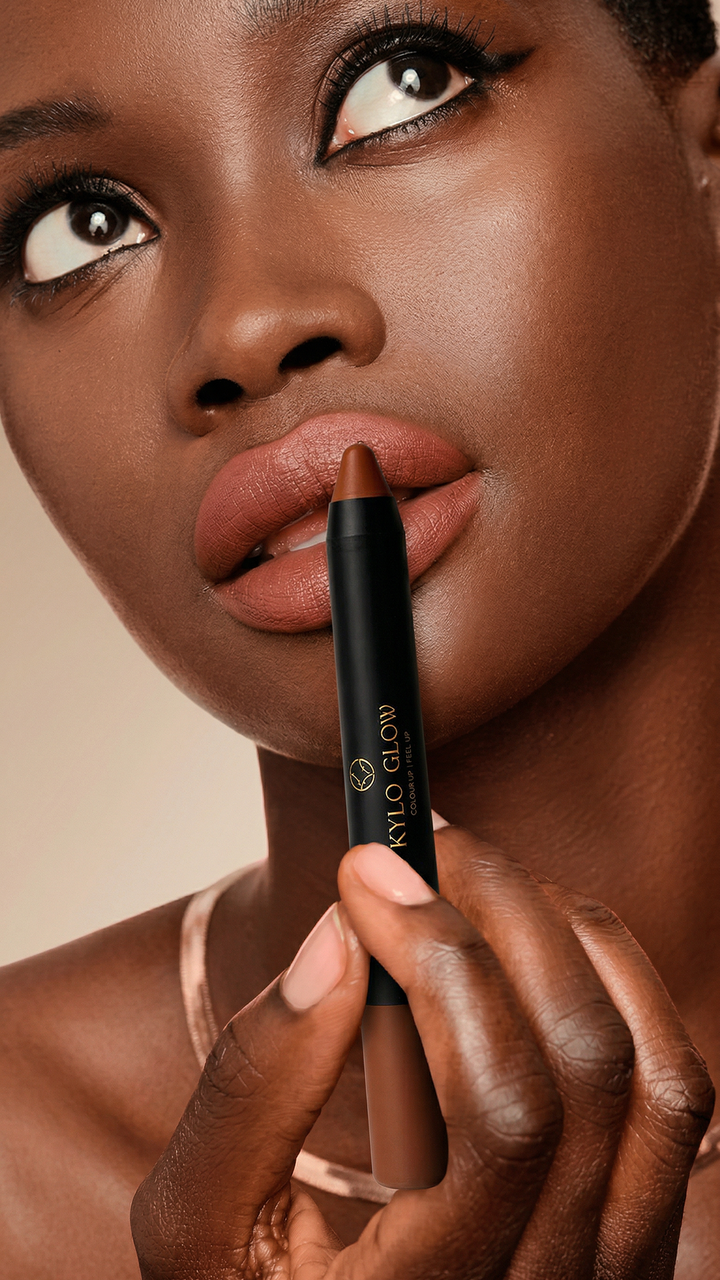 A close portrait wearing a KYLO GLOW lip pencil shade