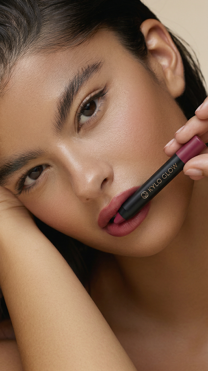 A model holding KYLO GLOW liquid foundation in warm light